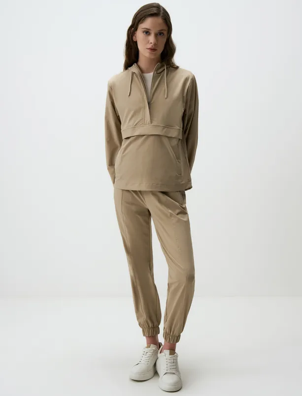 Women Beige High Waist Jogger Pants with Elastic Cuffs