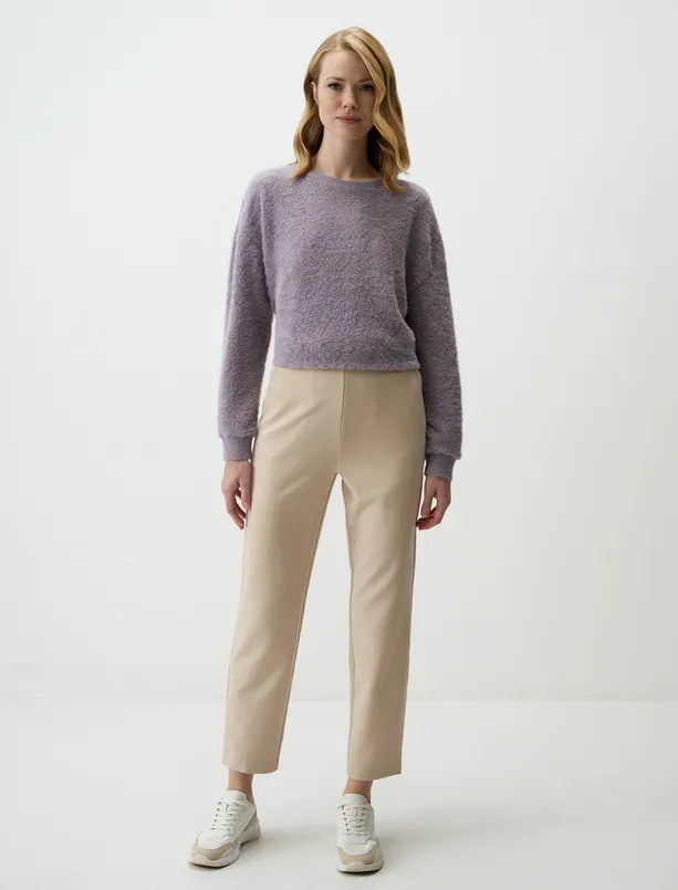 Women Beige High Waist Short Fabric Pants