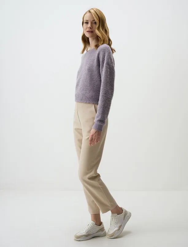 Women Beige High Waist Short Fabric Pants
