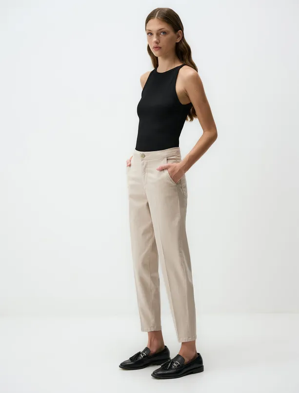 Bayan Bej Normal Paça Cepli Gabardin Pantolon