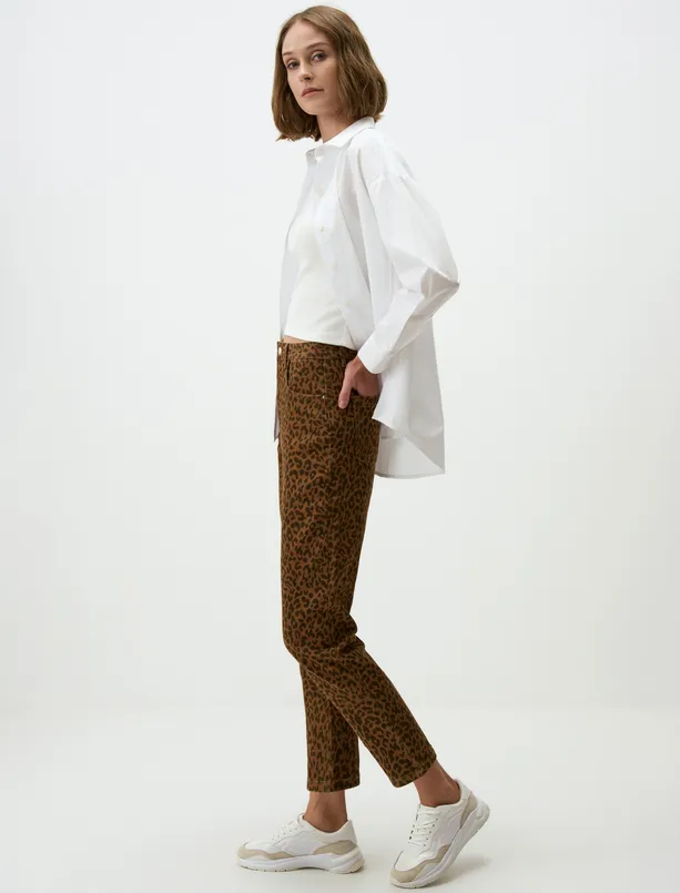 Women Brown High Waist Slim Fit Leopard Print Denim Pants