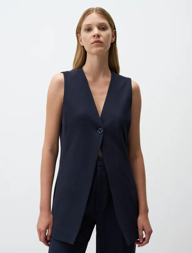 Women Dark Blue Button Detailed V-Neck Sleeveless Vest