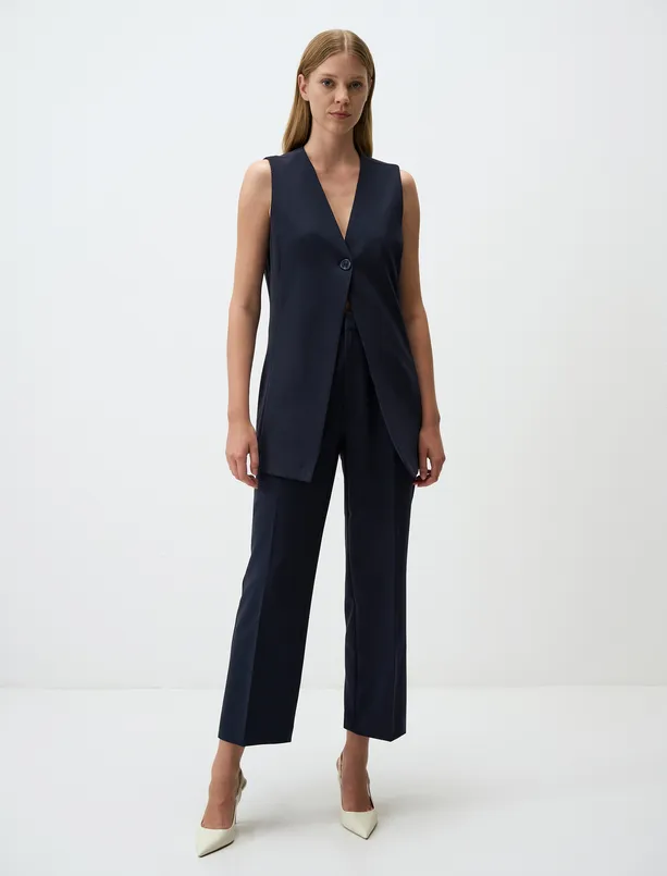 Women Dark Blue Button Detailed V-Neck Sleeveless Vest