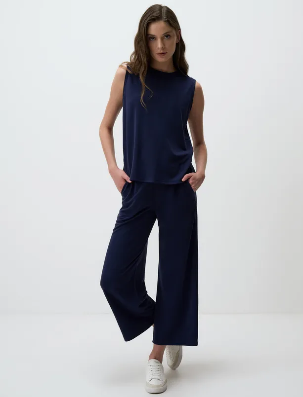 Women Dark Blue Round Neck Sleeveless Blouse