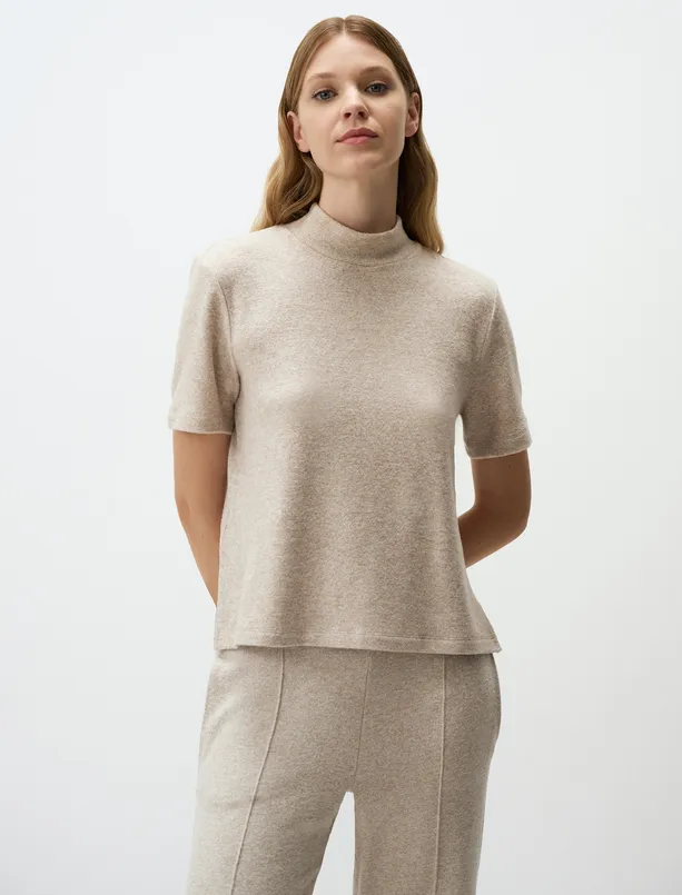 Women Beige Melange Half Turtleneck Short Sleeve Blouse
