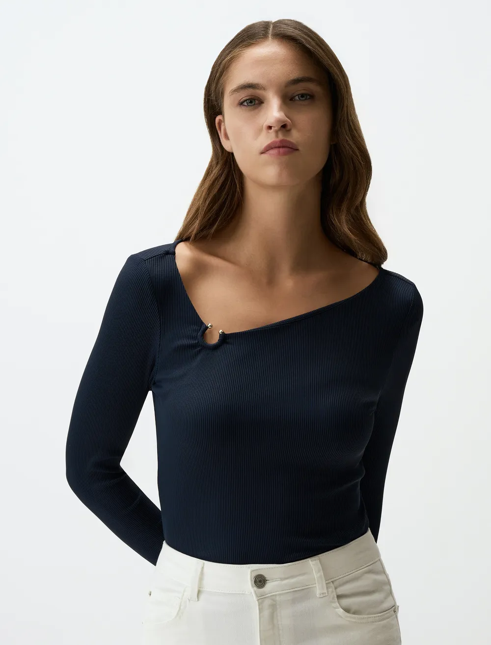 Asymmetric Collar Long Sleeve Slim Fit Blouse