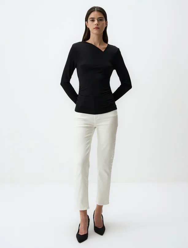 Women Black Asymmetric Collar Long Sleeve Blouse