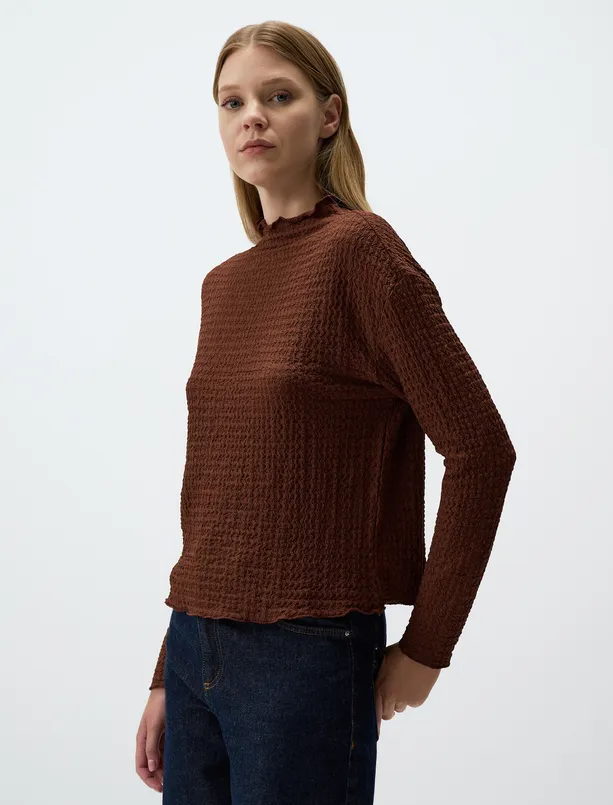 Women Brown Half Turtleneck Relaxed Fit Patterned Blouse