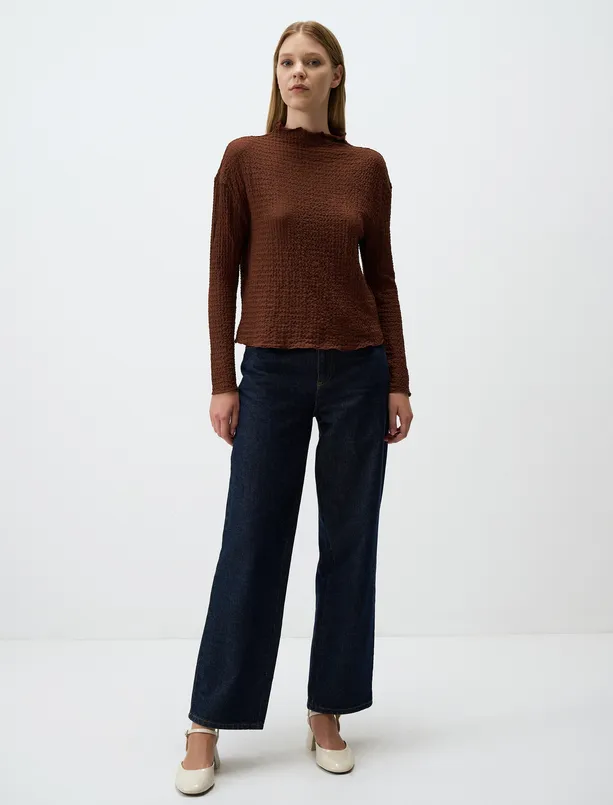 Women Brown Half Turtleneck Relaxed Fit Patterned Blouse