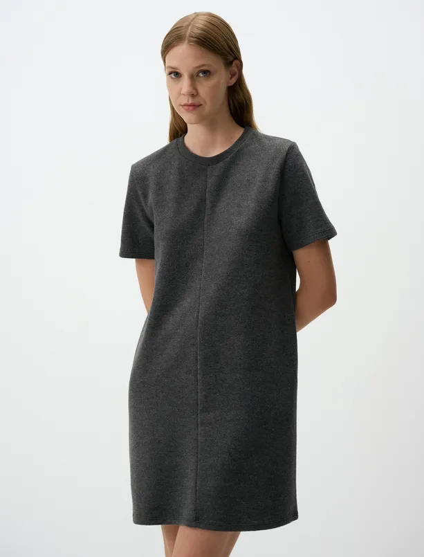 Women Anthracite Melange Crew Neck Short Sleeve Casual Mini Dress