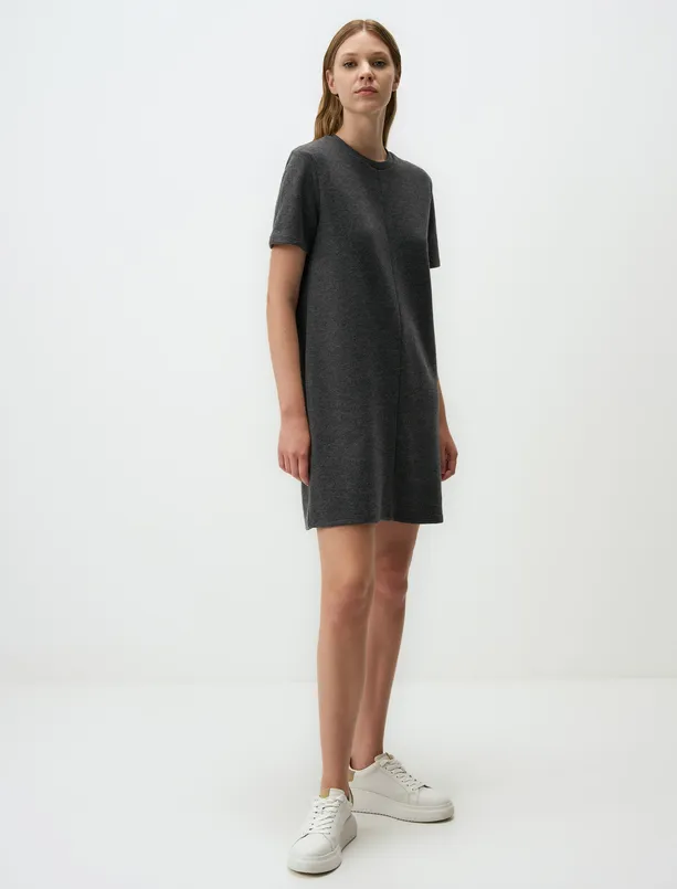 Women Anthracite Melange Crew Neck Short Sleeve Casual Mini Dress