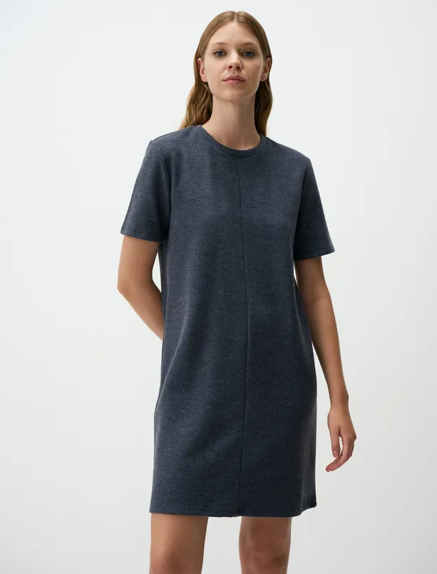 Women Dark Blue Crew Neck Short Sleeve Casual Mini Dress
