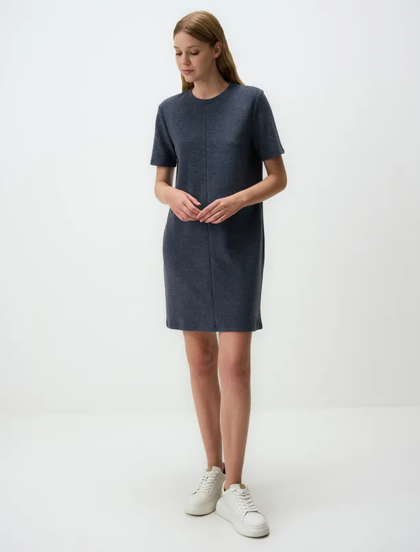 Women Dark Blue Crew Neck Short Sleeve Casual Mini Dress
