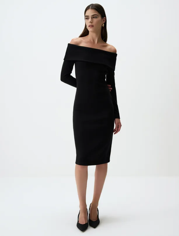 Women  Off The Shoulder Long Sleeve Knitted Midi Dress