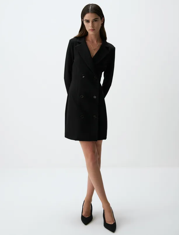 Bayan Siyah Uzun Kollu Kruvaze Yaka Örme Mini Elbise