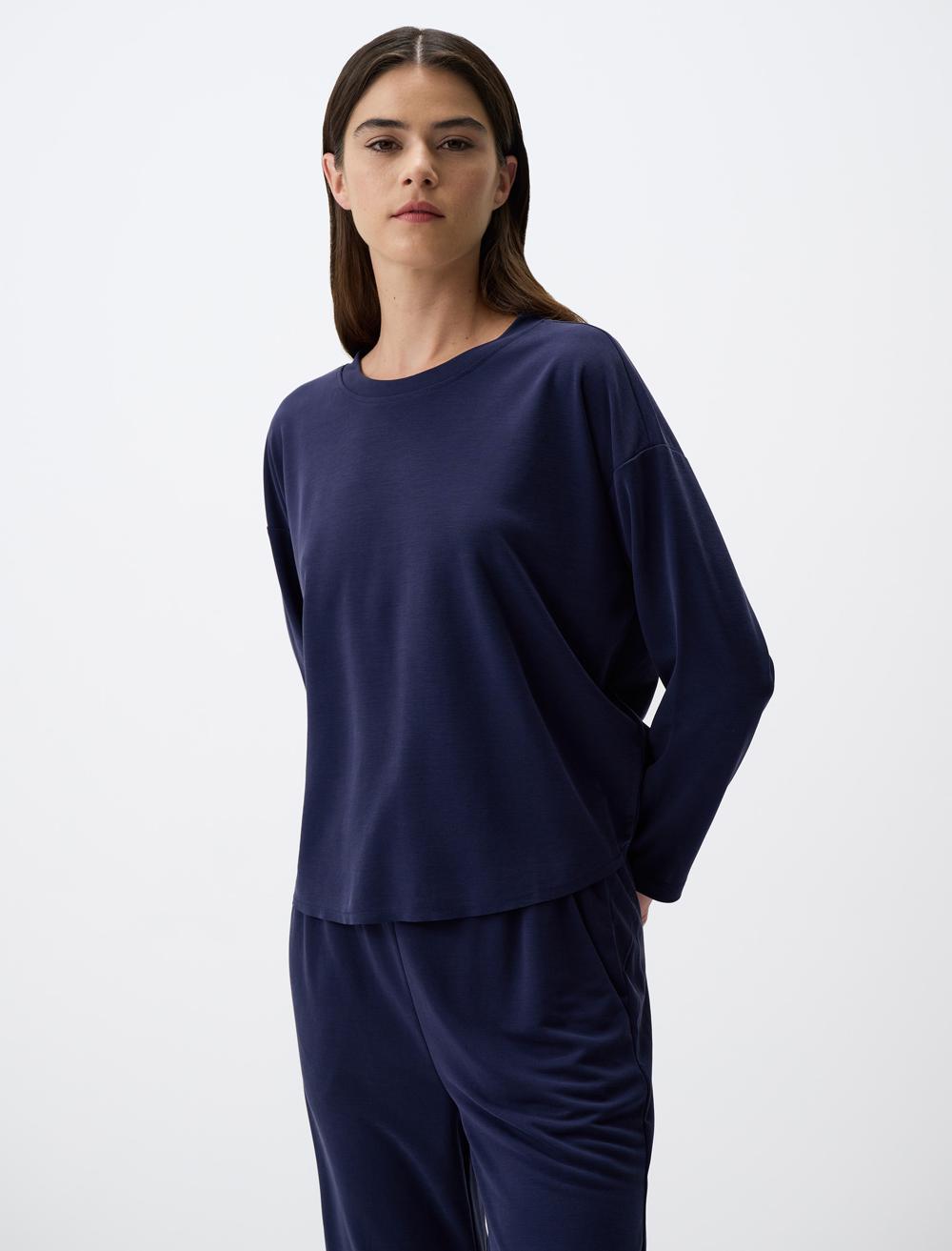 Bisiklet Yaka Uzun Kollu Rahat Sweatshirt