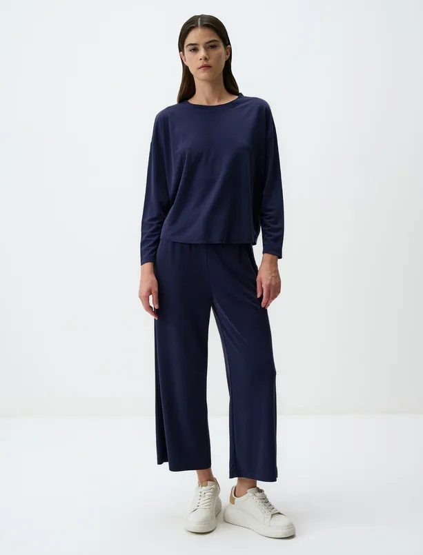 Women Dark Blue Crew Neck Long Sleeve Casual Sweatshirt
