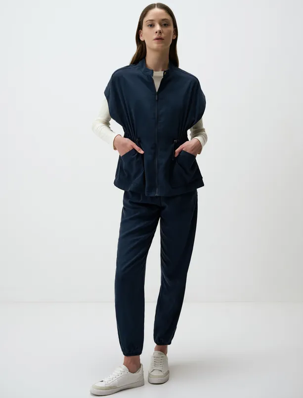 Women Dark Blue Narrow Leg Normal Waist Cargo Pocket Gabardine Pants