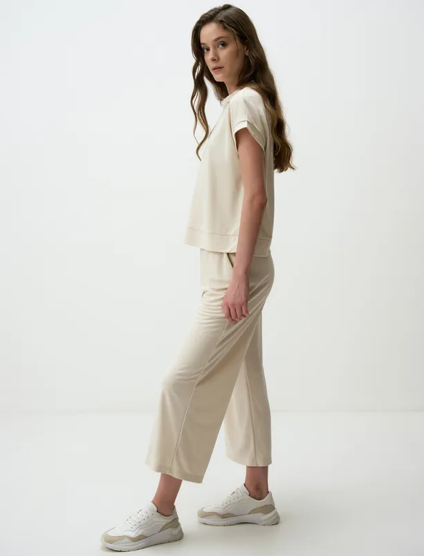 Women Beige Wide Leg Casual Jogger Pants