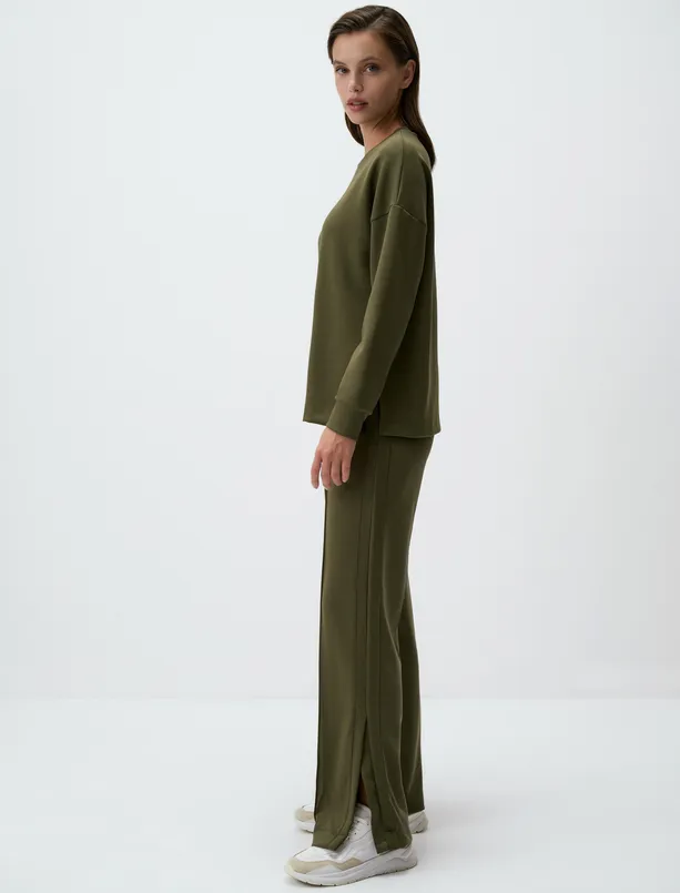 Women Haki High Waist Wide Leg Slit Comfortable Pants