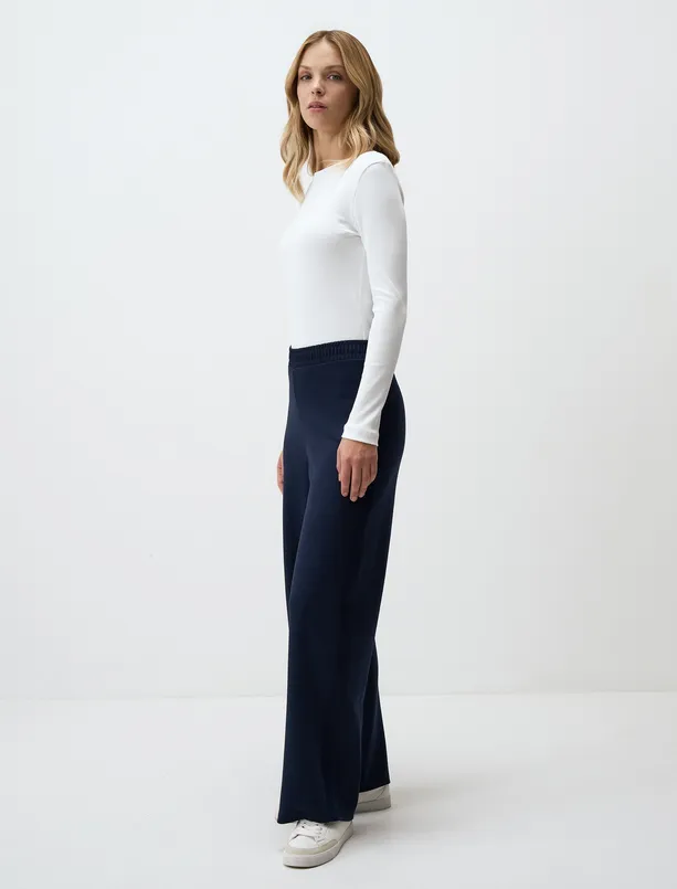 Women Dark Blue Relaxed Fit High Waist Wide Leg Knitted Pants