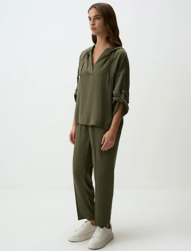 Women Haki Comfortable Pants with High Waist Waist Ties