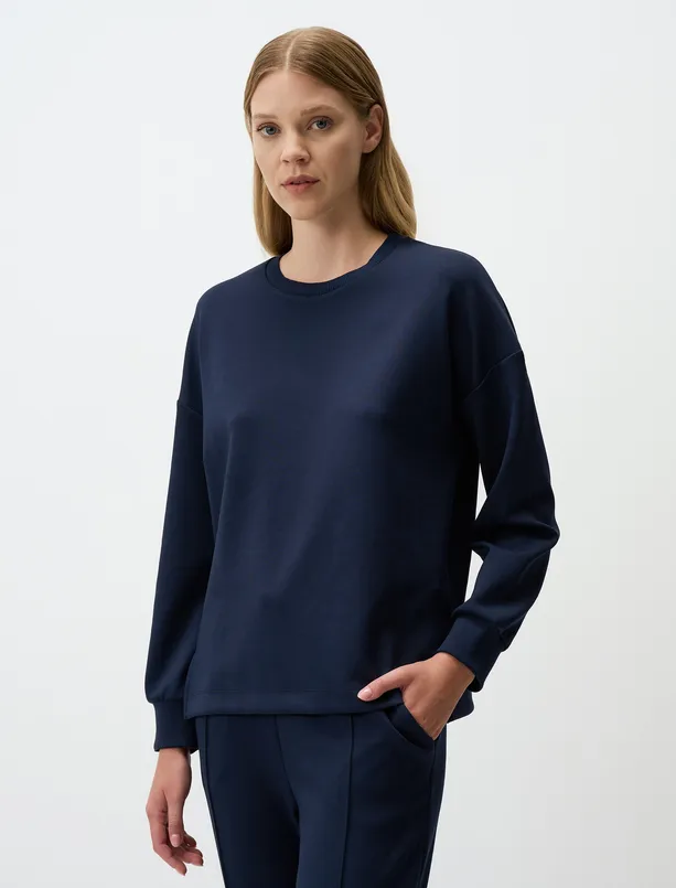 Women Dark Blue Crew Neck Long Sleeve Oversized Sweatshirt