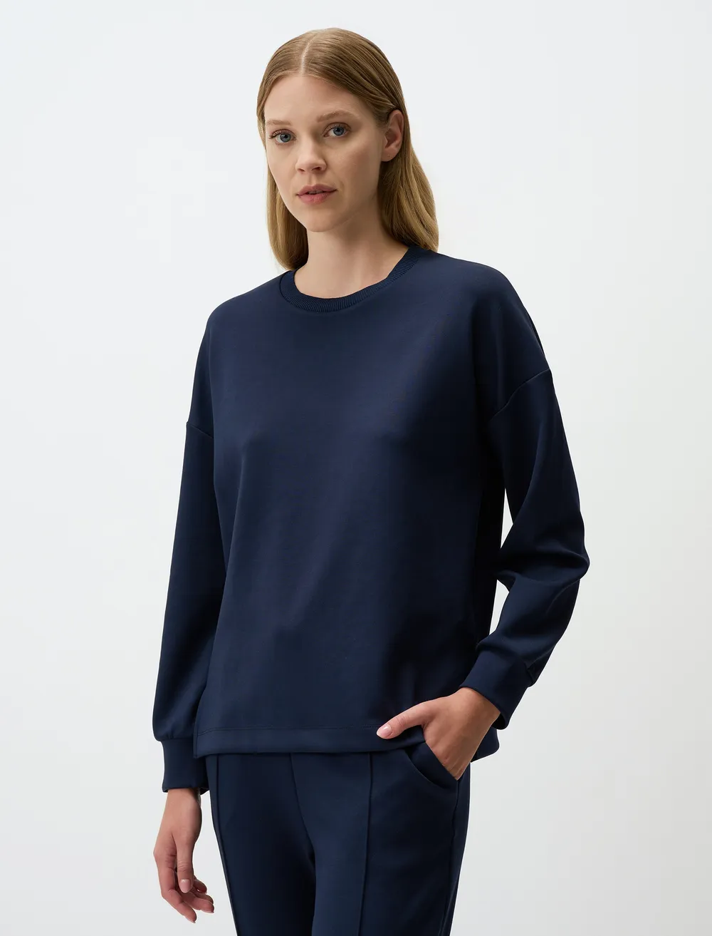 Lacivert Bisiklet Yaka Uzun Kollu Oversize Sweatshirt