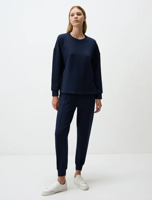 Women Dark Blue Crew Neck Long Sleeve Oversized Sweatshirt