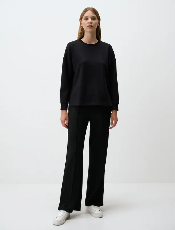 Bayan Siyah Bisiklet Yaka Uzun Kollu Oversize Sweatshirt