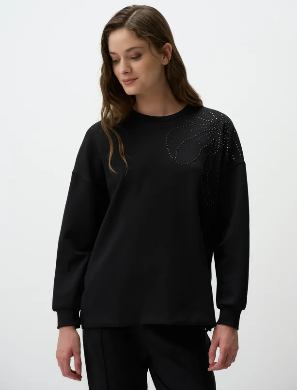 Bayan  Bisiklet Yaka İşlemeli Örme Sweatshirt