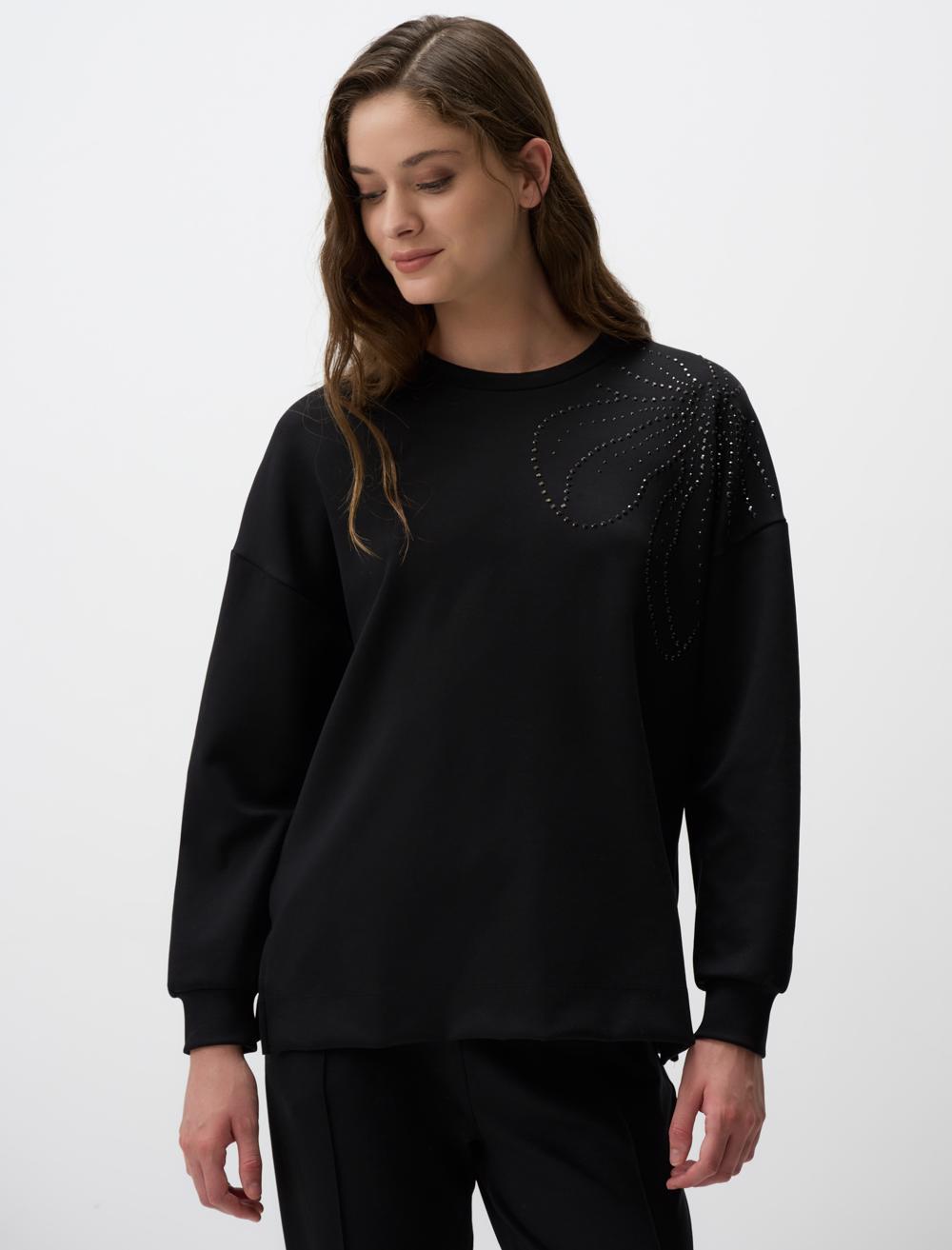 Bisiklet Yaka İşlemeli Örme Sweatshirt