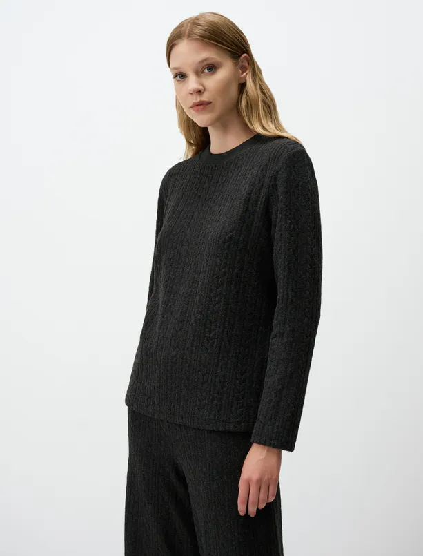 Women Anthracite Crew Neck Long Sleeve Knitted Sweatshirt