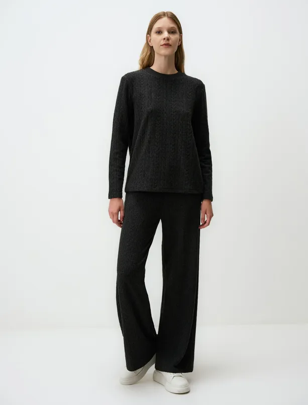 Women Anthracite Crew Neck Long Sleeve Knitted Sweatshirt