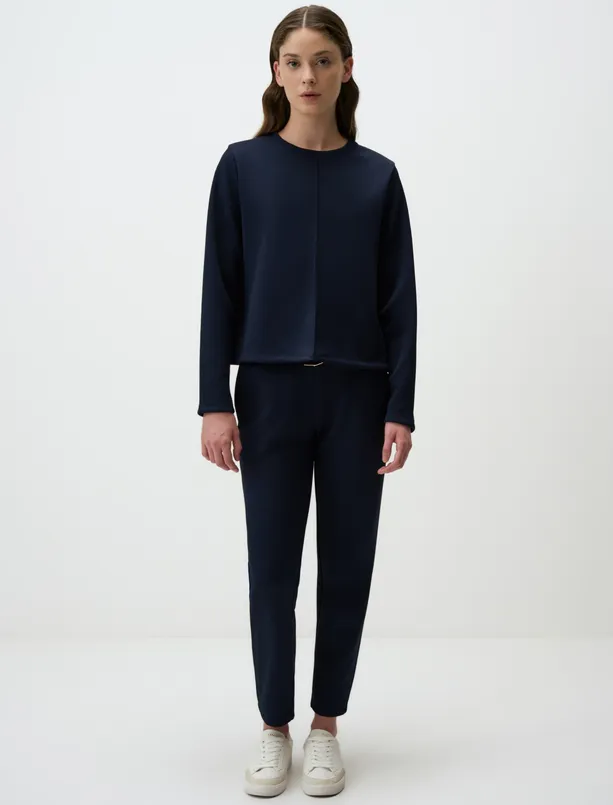 Bayan Lacivert Bisiklet Yaka Kısa Basic Sweatshirt
