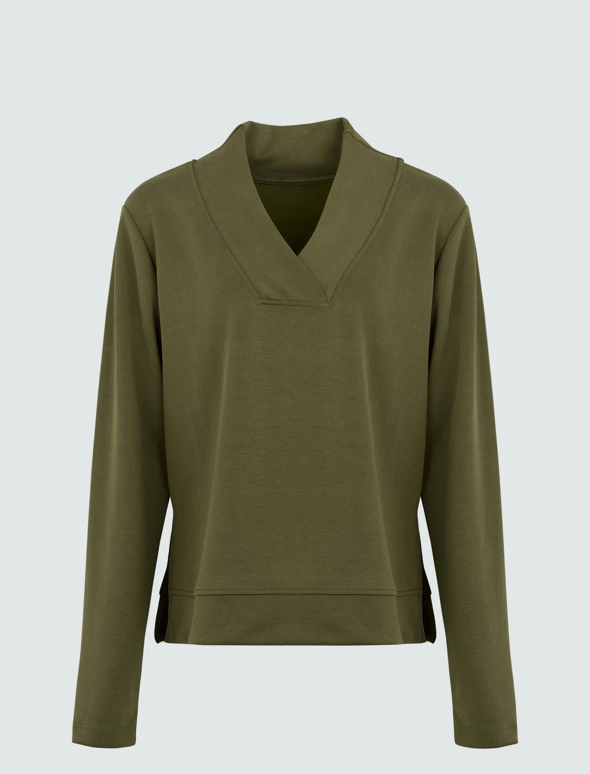 Haki V Yaka Uzun Kollu Örme Sweatshirt