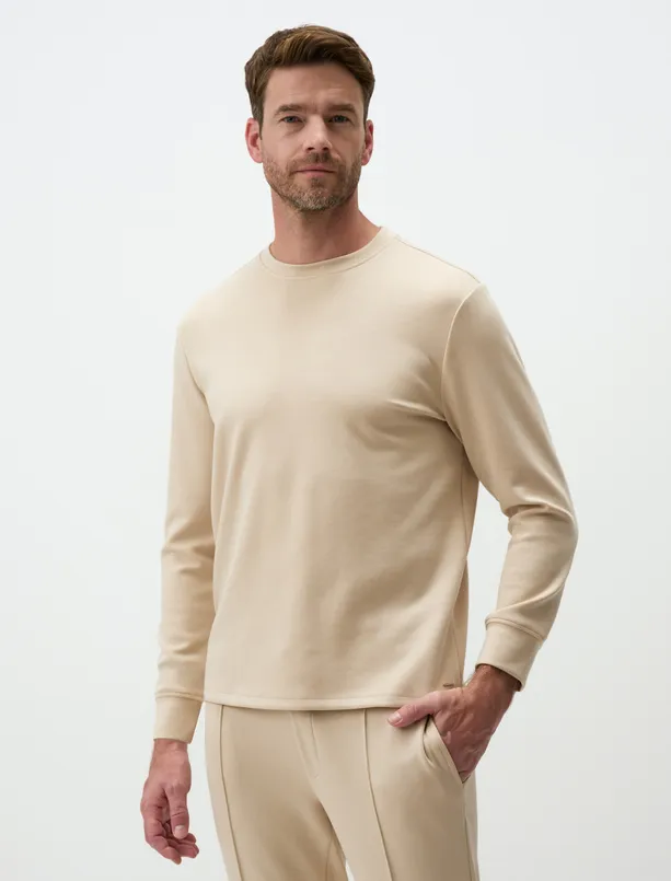 Bayan Bej Bisiklet Yaka Uzun Kollu Erkek Sweatshirt
