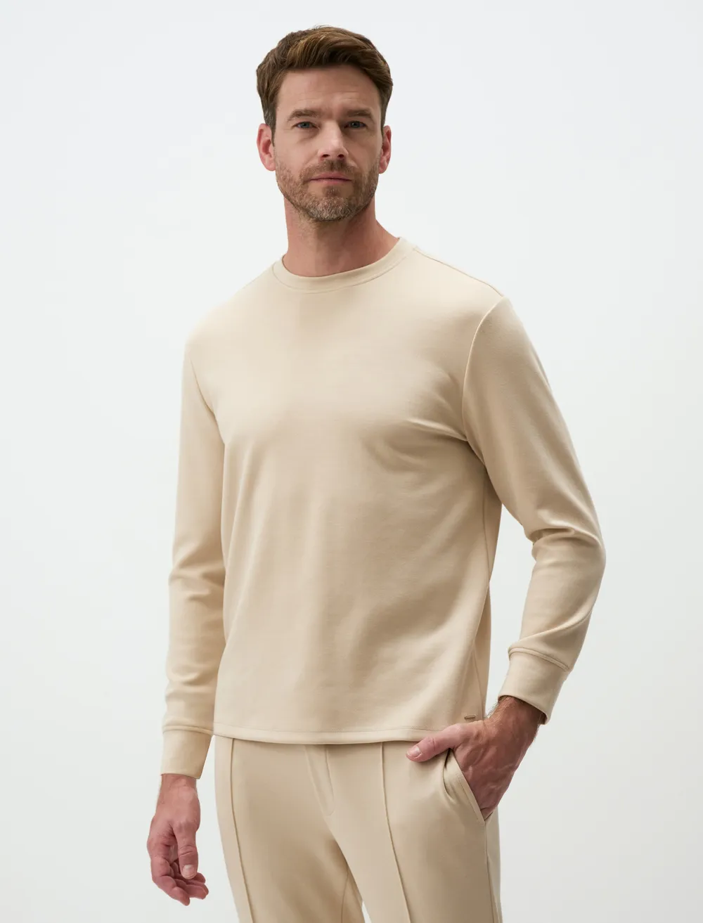 Bej Bisiklet Yaka Uzun Kollu Erkek Sweatshirt
