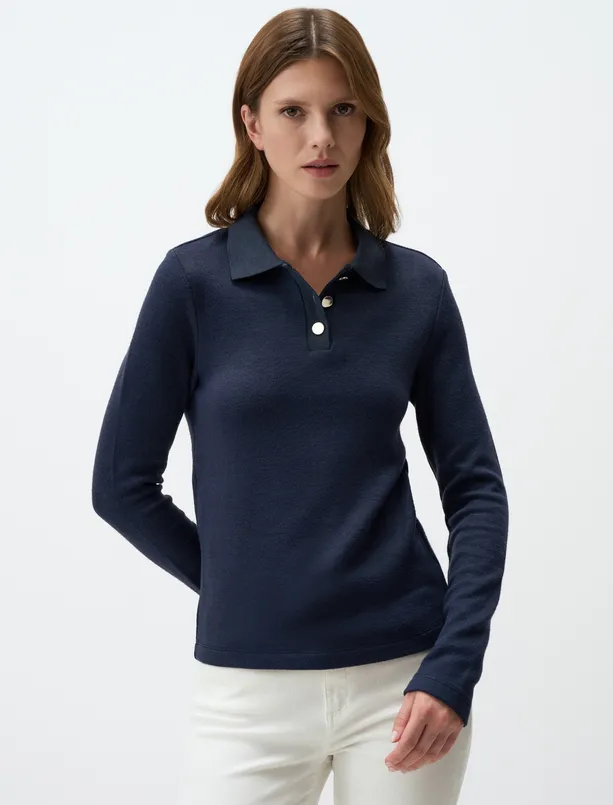 Women Dark Blue Polo Collar Slim Fit Sweater T-Shirt