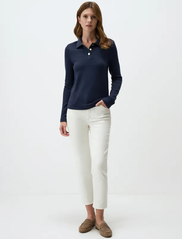 Women Dark Blue Polo Collar Slim Fit Sweater T-Shirt