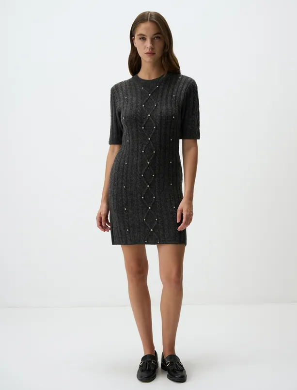 Women Grey Mini Knitwear Dress with Stone Detail