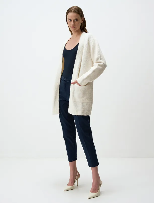 Women White Soft Textured Long Sweater Cardigan