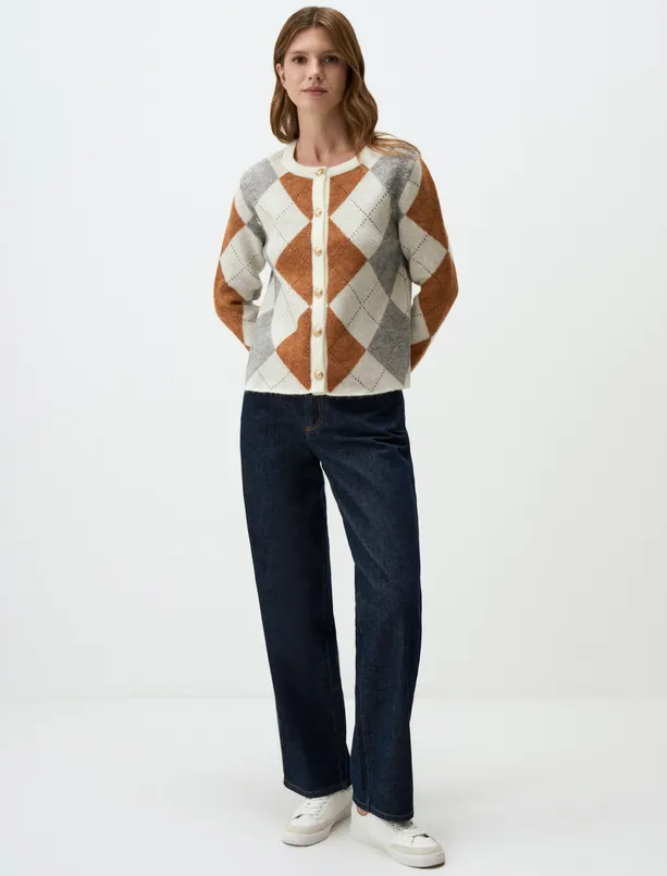 Bayan Karışık Baklava Desenli Dar Kesim Triko Hırka