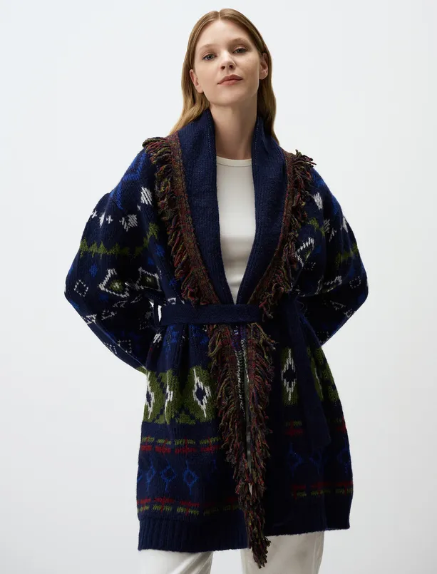 Women Dark Blue Loose Fit Open Neck Patterned Sweater Cardigan