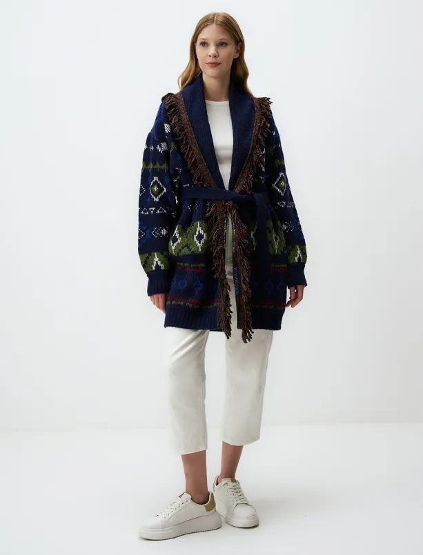 Women Dark Blue Loose Fit Open Neck Patterned Sweater Cardigan