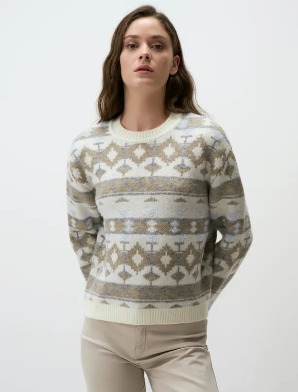 Women Mixed Crew-Neck Patterned Sweater