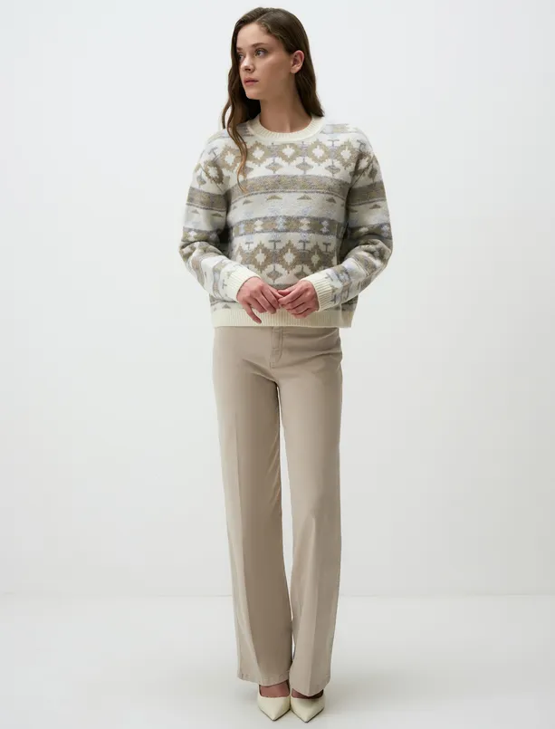 Women Mixed Crew-Neck Patterned Sweater