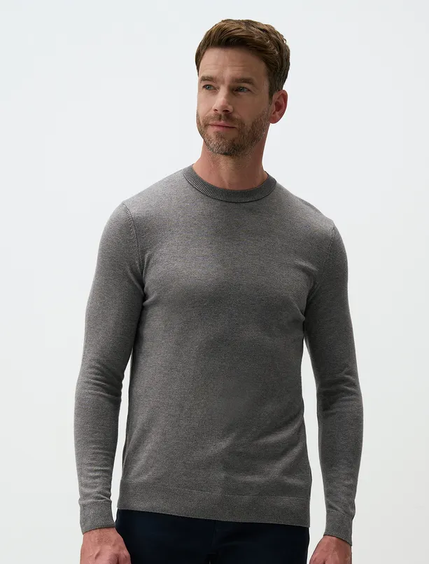 Women Anthracite Melange Crew Neck Long Sleeve Mens Knit Sweater
