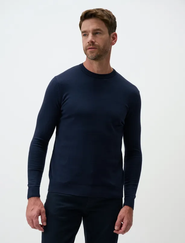 Women Dark Blue Crew Neck Long Sleeve Mens Knit Sweater