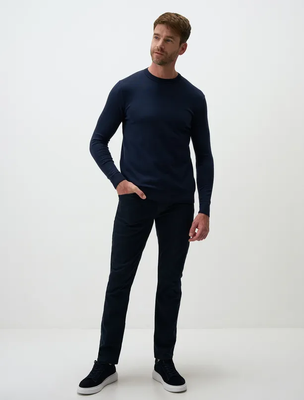 Women Dark Blue Crew Neck Long Sleeve Mens Knit Sweater